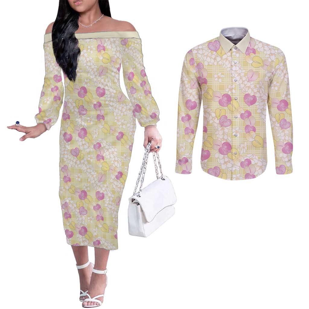 Anthurium Plumeria Lei Pastel Couples Matching Off The Shoulder Long Sleeve Dress and Long Sleeve Button Shirt Yellow Hawaiian Splendid Palaka LT01 Yellow - Polynesian Pride
