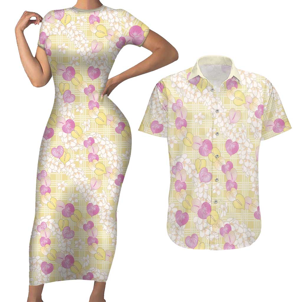 Anthurium Plumeria Lei Pastel Couples Matching Short Sleeve Bodycon Dress and Hawaiian Shirt Yellow Hawaiian Splendid Palaka LT01 Yellow - Polynesian Pride