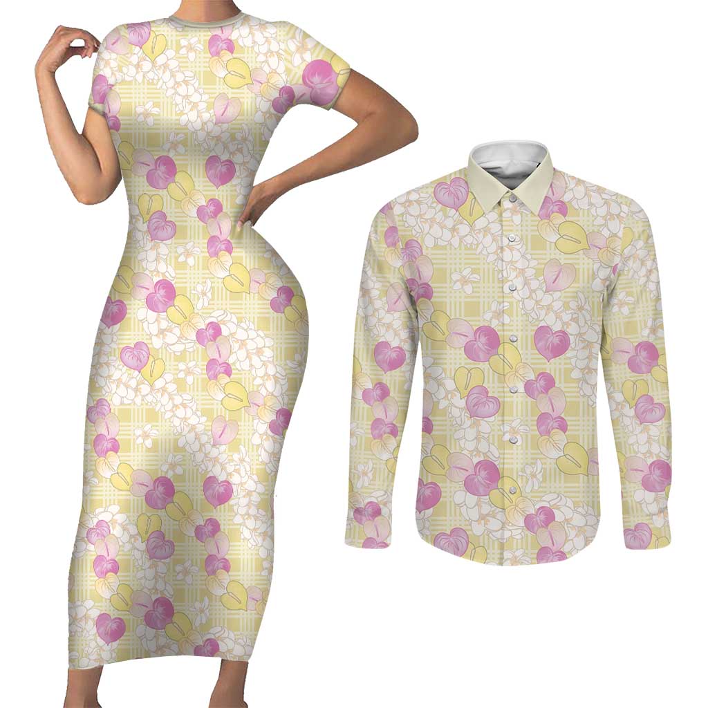 Anthurium Plumeria Lei Pastel Couples Matching Short Sleeve Bodycon Dress and Long Sleeve Button Shirt Yellow Hawaiian Splendid Palaka LT01 Yellow - Polynesian Pride