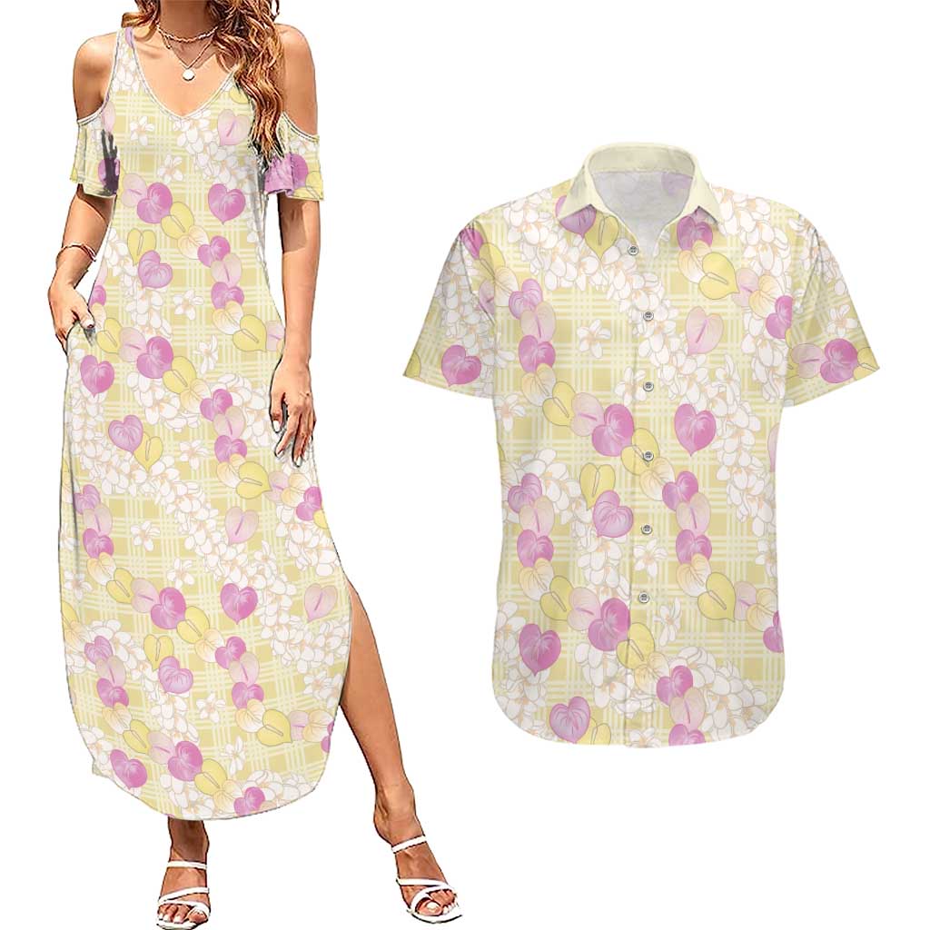 Anthurium Plumeria Lei Pastel Couples Matching Summer Maxi Dress and Hawaiian Shirt Yellow Hawaiian Splendid Palaka LT01 Yellow - Polynesian Pride