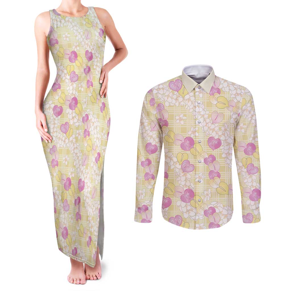 Anthurium Plumeria Lei Pastel Couples Matching Tank Maxi Dress and Long Sleeve Button Shirt Yellow Hawaiian Splendid Palaka LT01 Yellow - Polynesian Pride