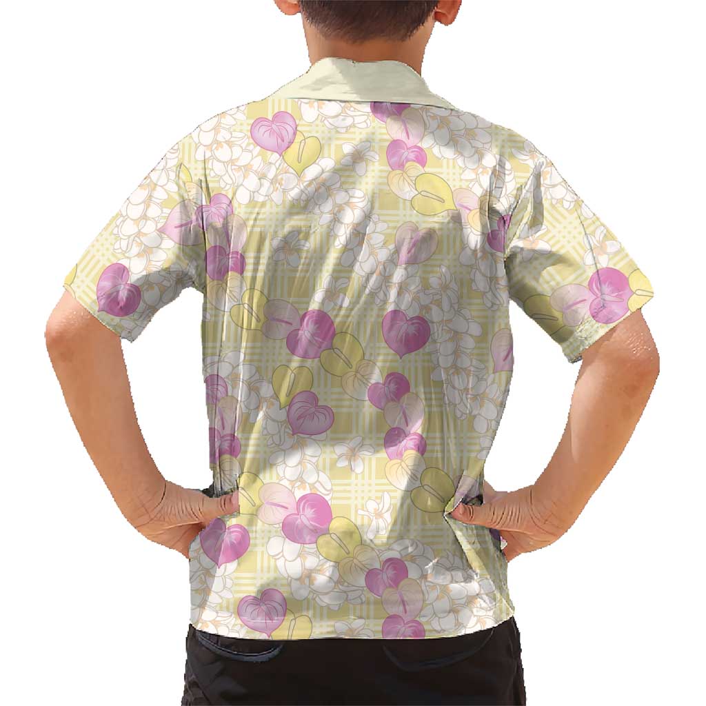 Anthurium Plumeria Lei Pastel Family Matching Off The Shoulder Long Sleeve Dress and Hawaiian Shirt Yellow Hawaiian Splendid Palaka