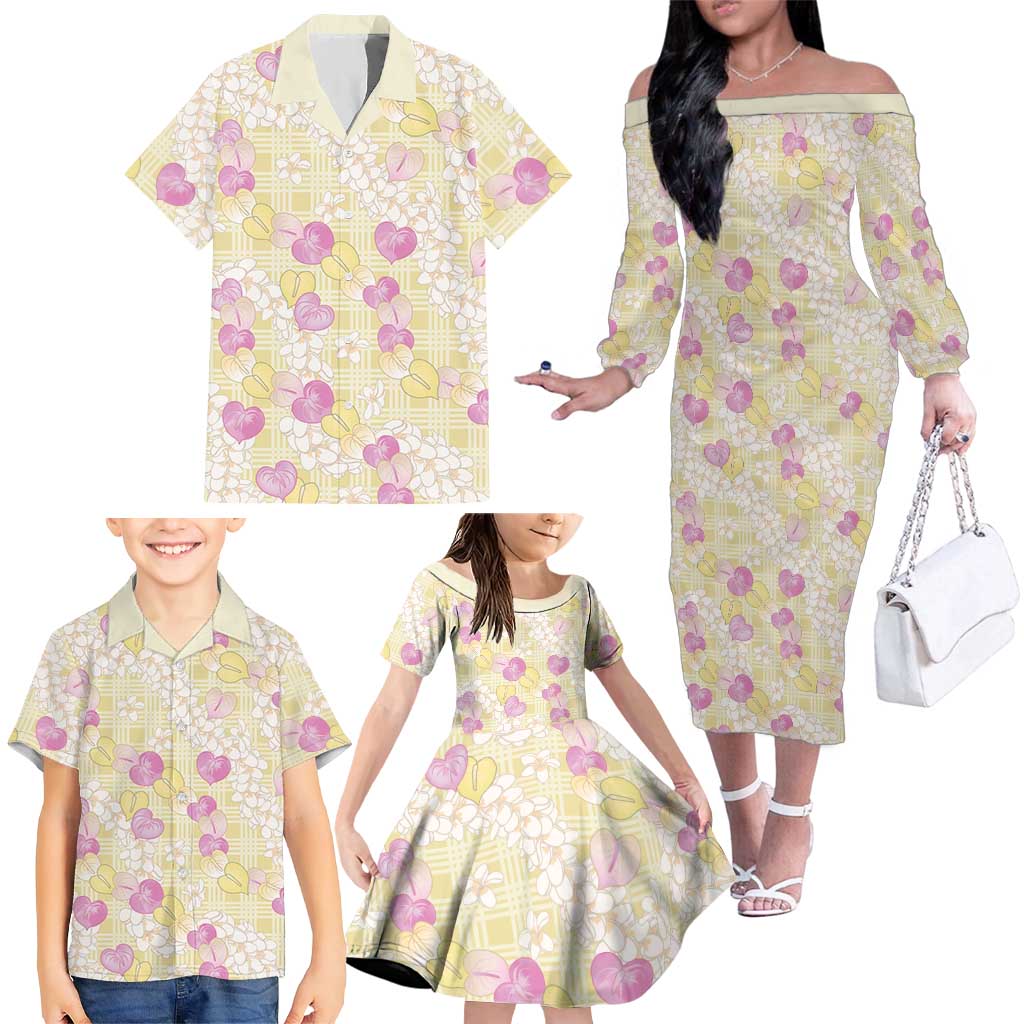 Anthurium Plumeria Lei Pastel Family Matching Off The Shoulder Long Sleeve Dress and Hawaiian Shirt Yellow Hawaiian Splendid Palaka