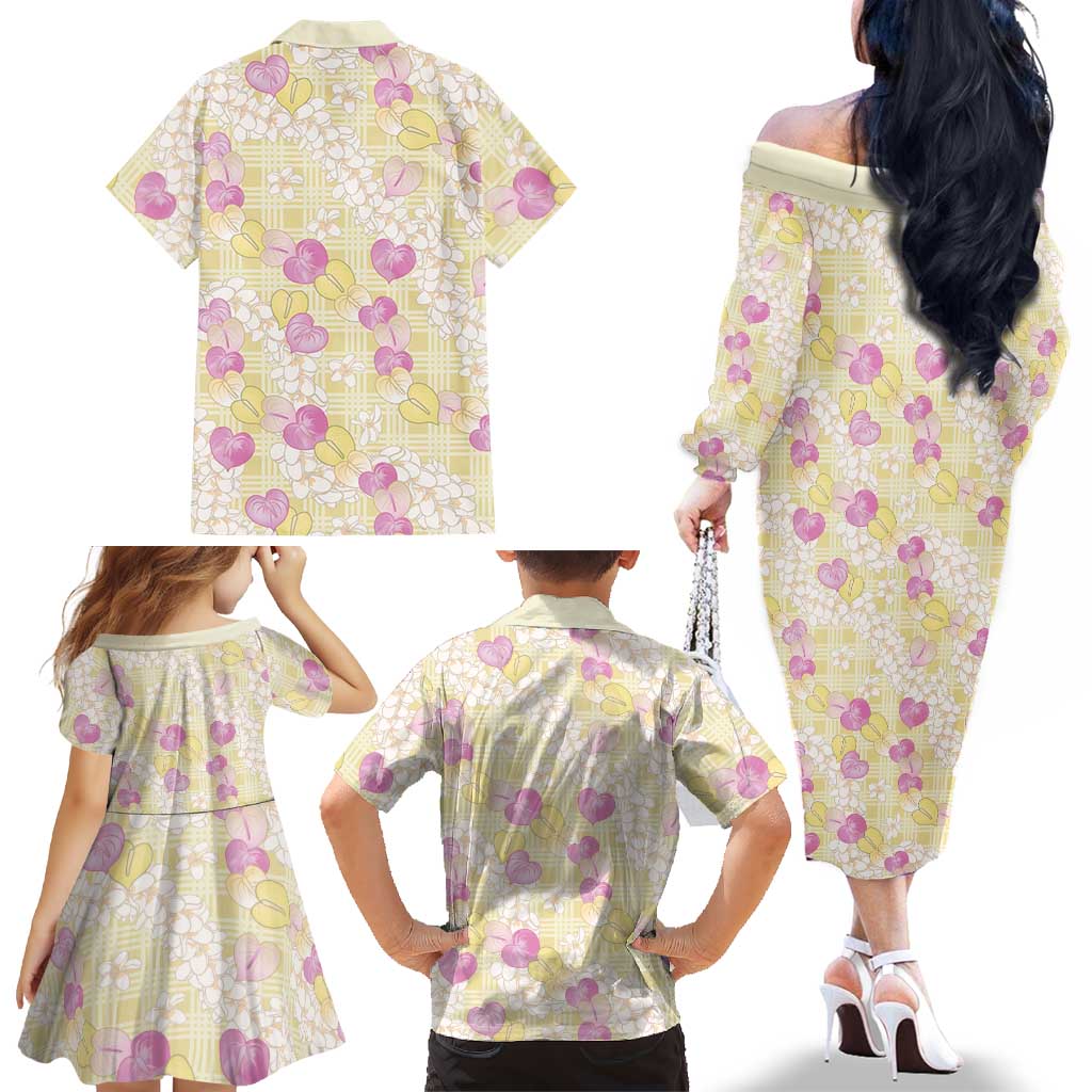 Anthurium Plumeria Lei Pastel Family Matching Off The Shoulder Long Sleeve Dress and Hawaiian Shirt Yellow Hawaiian Splendid Palaka
