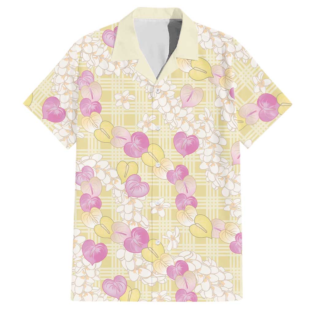 Anthurium Plumeria Lei Pastel Family Matching Off The Shoulder Long Sleeve Dress and Hawaiian Shirt Yellow Hawaiian Splendid Palaka