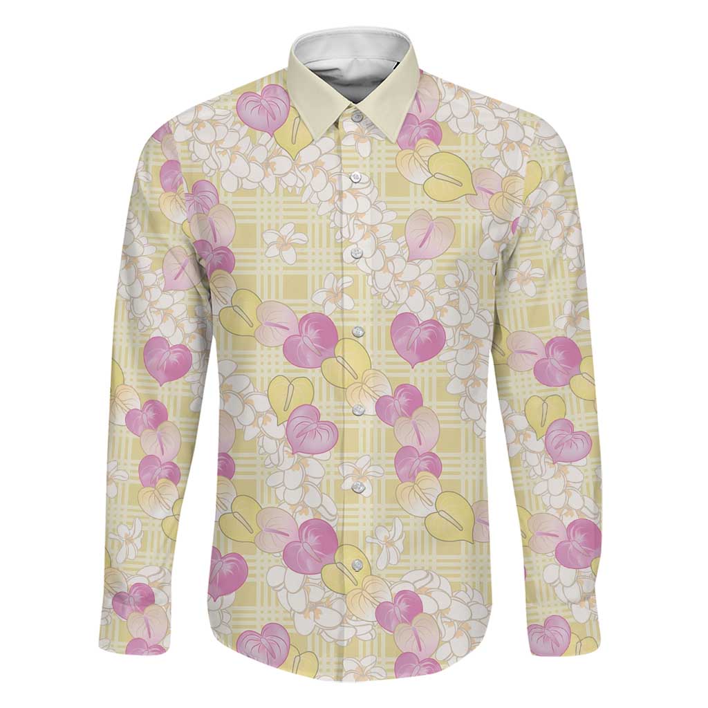 Anthurium Plumeria Lei Pastel Family Matching Off The Shoulder Long Sleeve Dress and Hawaiian Shirt Yellow Hawaiian Splendid Palaka