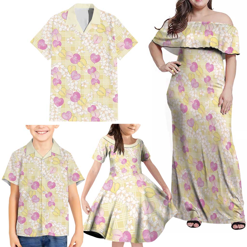 Anthurium Plumeria Lei Pastel Family Matching Off Shoulder Maxi Dress and Hawaiian Shirt Yellow Hawaiian Splendid Palaka