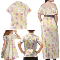 Anthurium Plumeria Lei Pastel Family Matching Off Shoulder Maxi Dress and Hawaiian Shirt Yellow Hawaiian Splendid Palaka