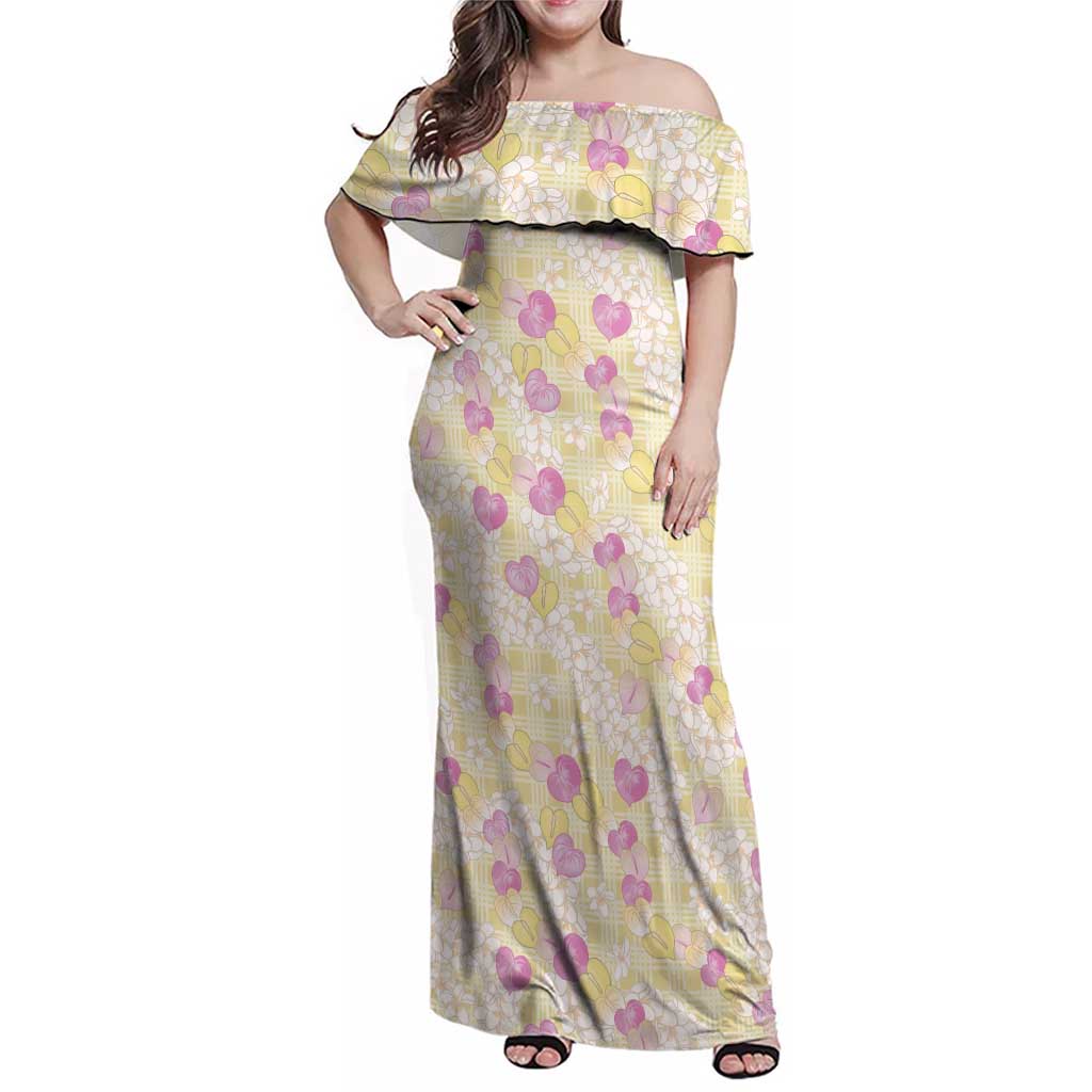 Anthurium Plumeria Lei Pastel Family Matching Off Shoulder Maxi Dress and Hawaiian Shirt Yellow Hawaiian Splendid Palaka
