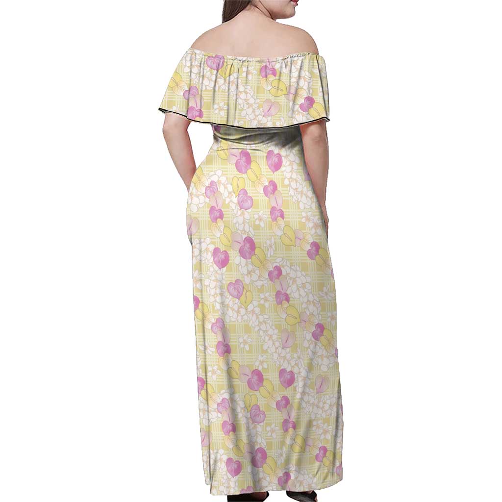 Anthurium Plumeria Lei Pastel Family Matching Off Shoulder Maxi Dress and Hawaiian Shirt Yellow Hawaiian Splendid Palaka