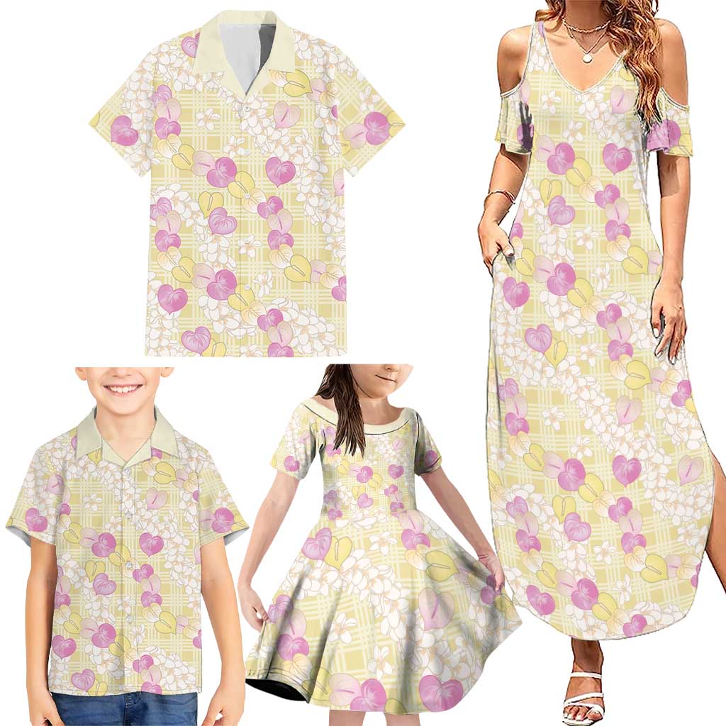 Anthurium Plumeria Lei Pastel Family Matching Summer Maxi Dress and Hawaiian Shirt Yellow Hawaiian Splendid Palaka
