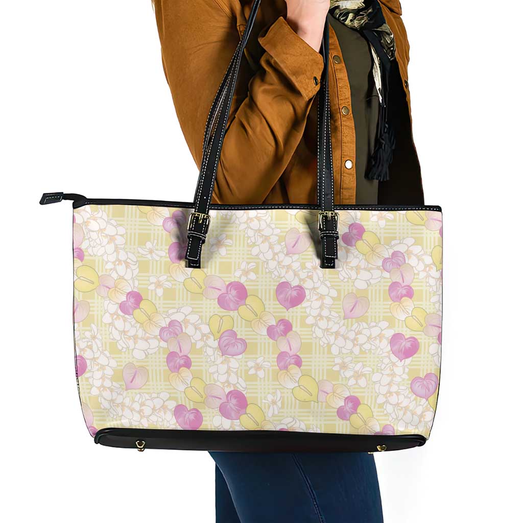 Anthurium Plumeria Lei Pastel Leather Tote Bag Yellow Hawaiian Splendid Palaka LT01 - Polynesian Pride