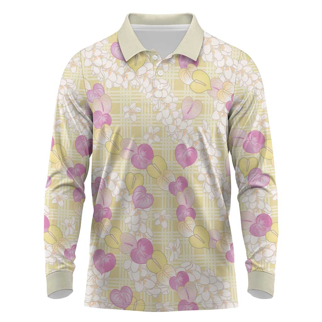 Anthurium Plumeria Lei Pastel Long Sleeve Polo Shirt Yellow Hawaiian Splendid Palaka LT01 Yellow - Polynesian Pride