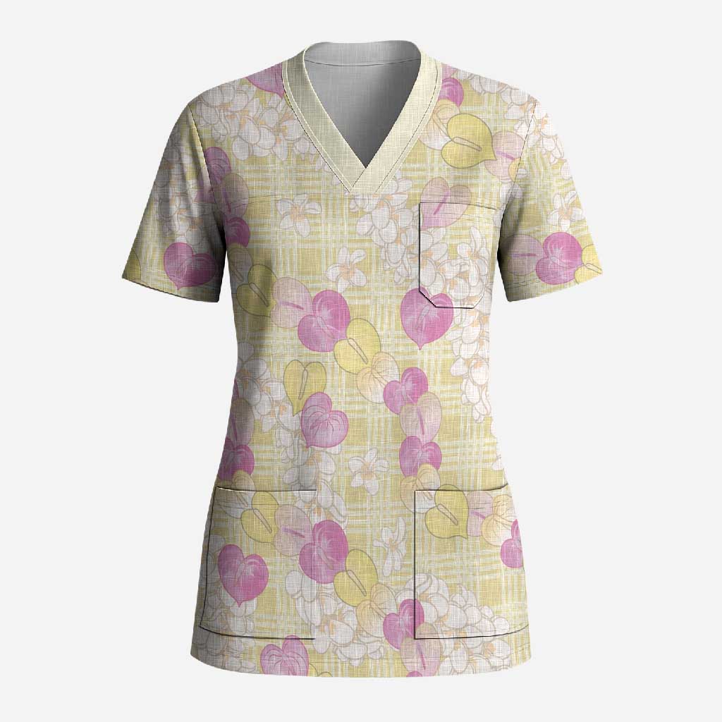 Anthurium Plumeria Lei Pastel Scrub Top Yellow Hawaiian Splendid Palaka LT01 Adult Yellow - Polynesian Pride