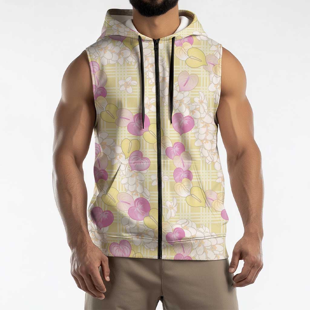 Anthurium Plumeria Lei Pastel Sleeveless Zip Hoodie Yellow Hawaiian Splendid Palaka LT01 - Polynesian Pride