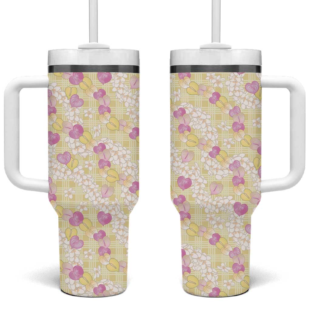 Anthurium Plumeria Lei Pastel Tumbler With Handle Yellow Hawaiian Splendid Palaka LT01 One Size: 40 oz Yellow - Polynesian Pride