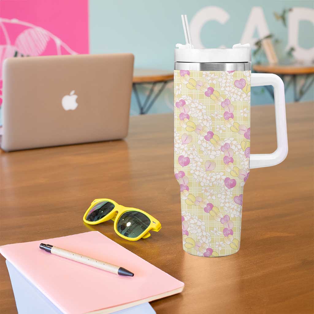 Anthurium Plumeria Lei Pastel Tumbler With Handle Yellow Hawaiian Splendid Palaka LT01 - Polynesian Pride
