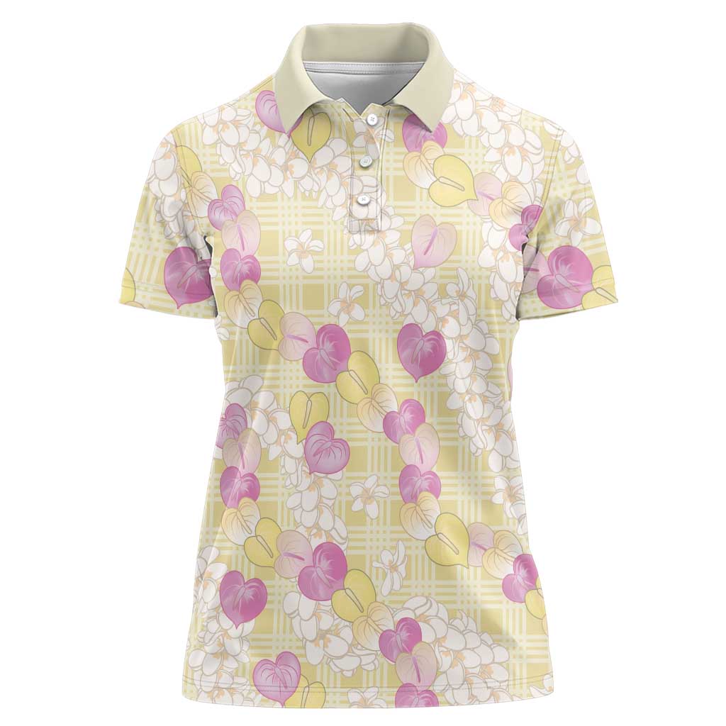 Anthurium Plumeria Lei Pastel Women Polo Shirt Yellow Hawaiian Splendid Palaka LT01 Female Yellow - Polynesian Pride