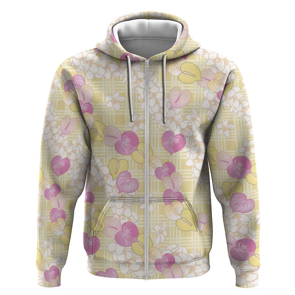 Anthurium Plumeria Lei Pastel Zip Hoodie Yellow Hawaiian Splendid Palaka LT01 Zip Hoodie Yellow - Polynesian Pride