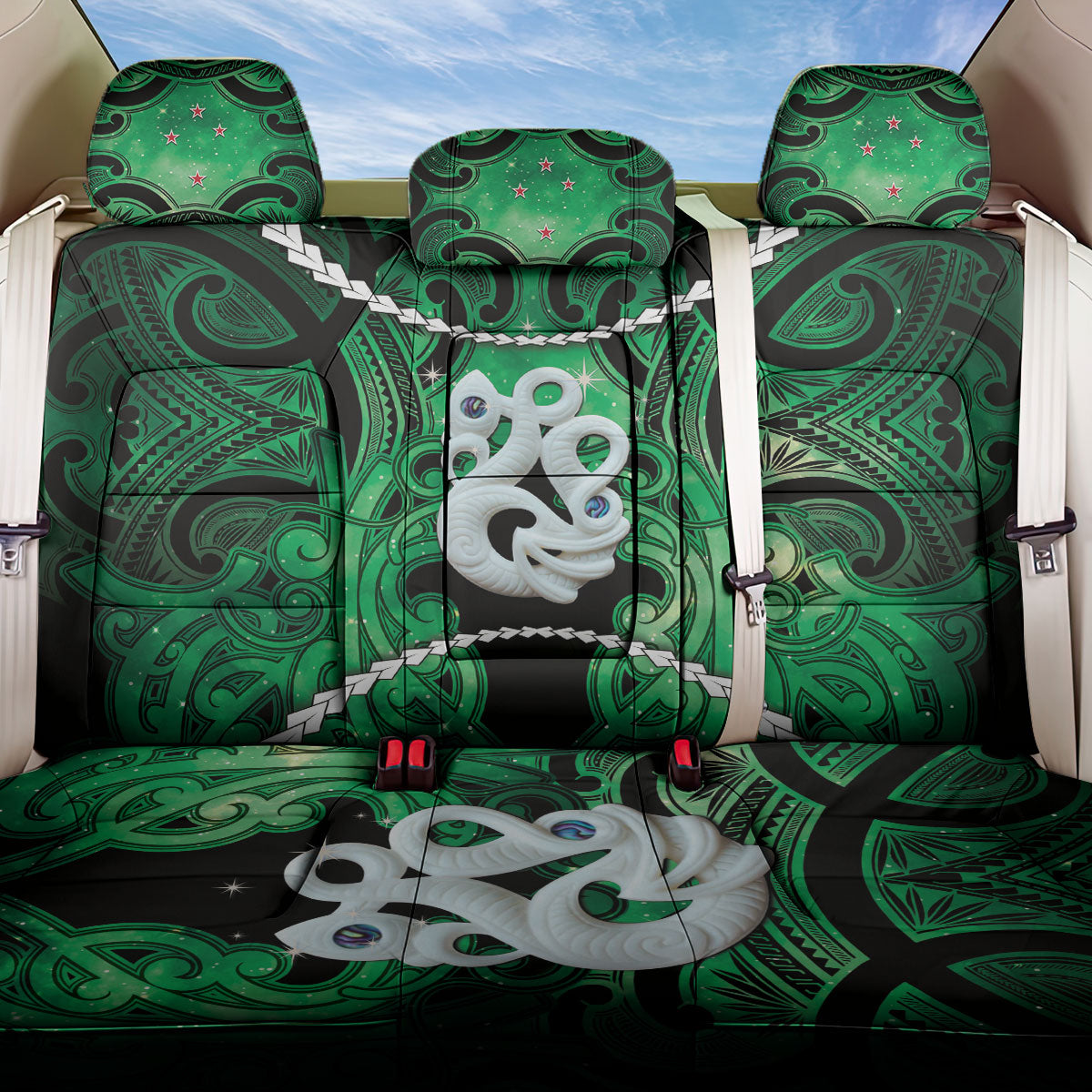 Maori Matariki Manaia Kakariki Back Car Seat Cover Maori Kowhaiwhai Pattern Galaxy LT01 One Size Green - Polynesian Pride