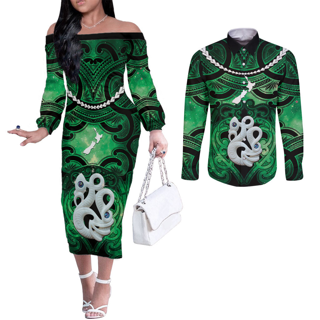 Personalised Maori Matariki Manaia Kakariki Couples Matching Off The Shoulder Long Sleeve Dress and Long Sleeve Button Shirt Maori Kowhaiwhai Pattern Galaxy
