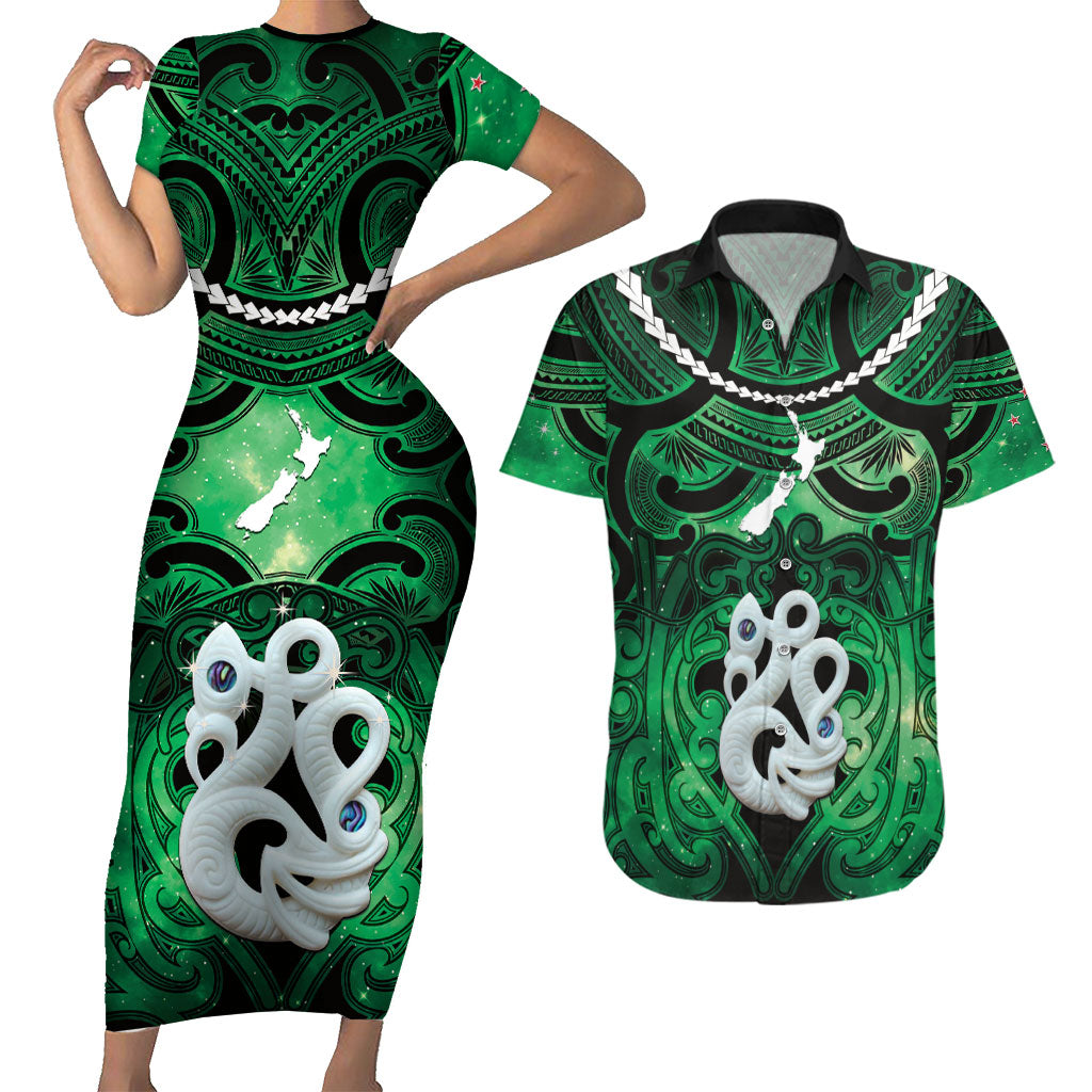 Personalised Maori Matariki Manaia Kakariki Couples Matching Short Sleeve Bodycon Dress and Hawaiian Shirt Maori Kowhaiwhai Pattern Galaxy