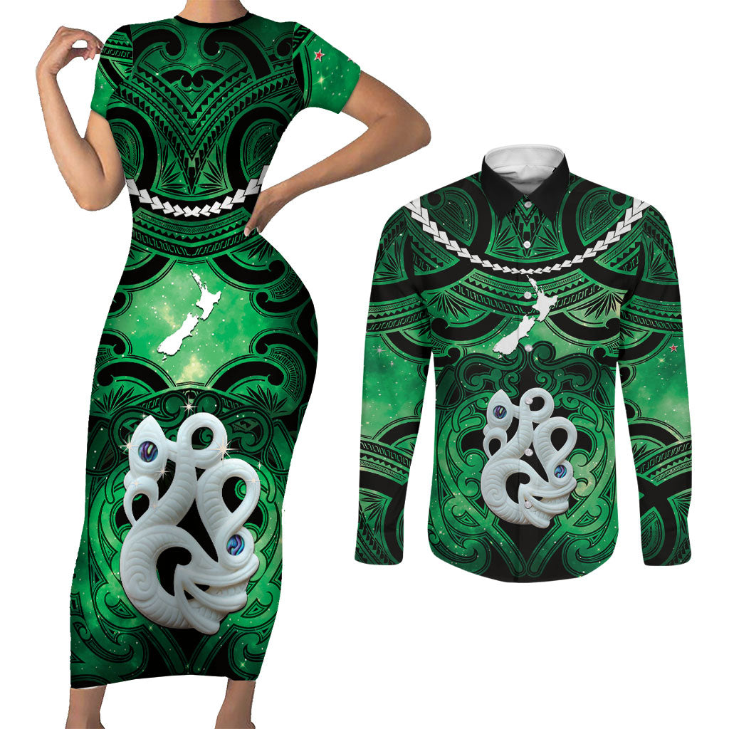 Personalised Maori Matariki Manaia Kakariki Couples Matching Short Sleeve Bodycon Dress and Long Sleeve Button Shirt Maori Kowhaiwhai Pattern Galaxy