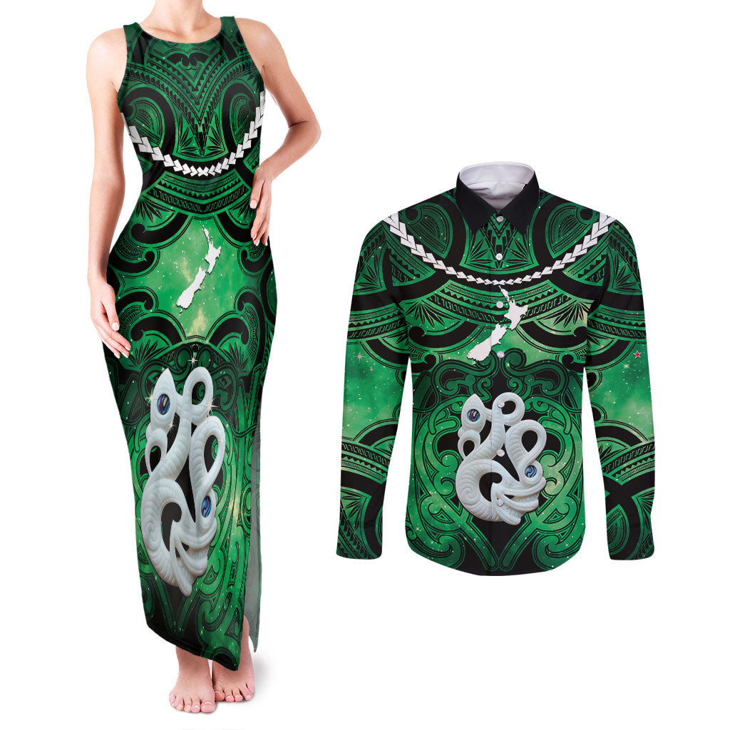 Personalised Maori Matariki Manaia Kakariki Couples Matching Tank Maxi Dress and Long Sleeve Button Shirt Maori Kowhaiwhai Pattern Galaxy