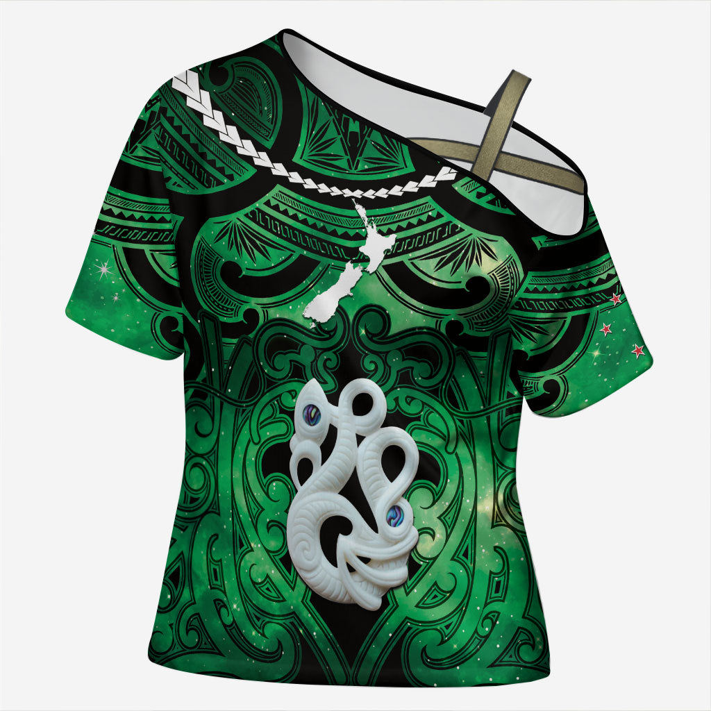 Personalised Maori Matariki Manaia Kakariki Cross Shoulder Shirt Maori Kowhaiwhai Pattern Galaxy LT01 Female Green - Polynesian Pride