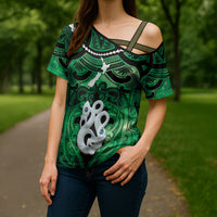 Personalised Maori Matariki Manaia Kakariki Cross Shoulder Shirt Maori Kowhaiwhai Pattern Galaxy LT01 - Polynesian Pride