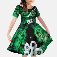 Personalised Maori Matariki Manaia Kakariki Family Matching Long Sleeve Bodycon Dress and Hawaiian Shirt Maori Kowhaiwhai Pattern Galaxy LT01 Daughter's Dress Green - Polynesian Pride