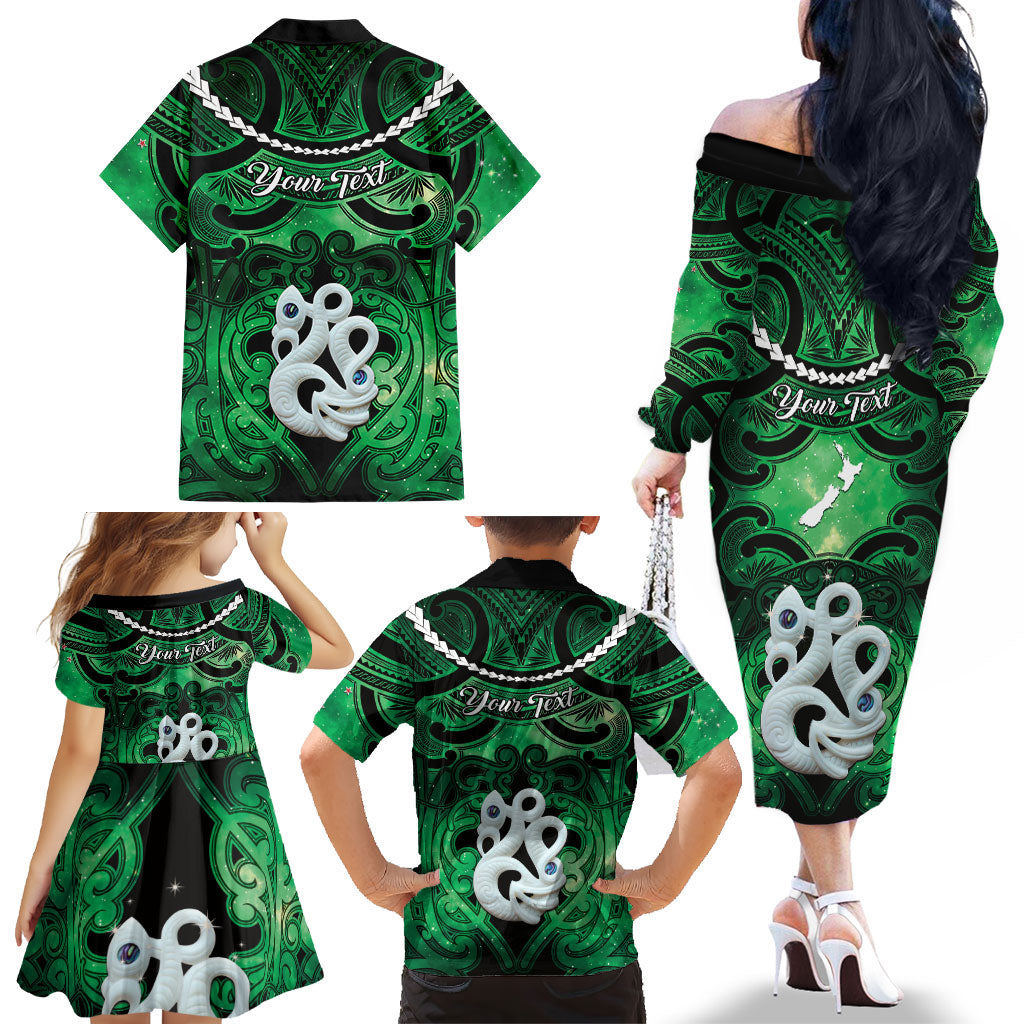 Personalised Maori Matariki Manaia Kakariki Family Matching Off The Shoulder Long Sleeve Dress and Hawaiian Shirt Maori Kowhaiwhai Pattern Galaxy LT01 - Polynesian Pride