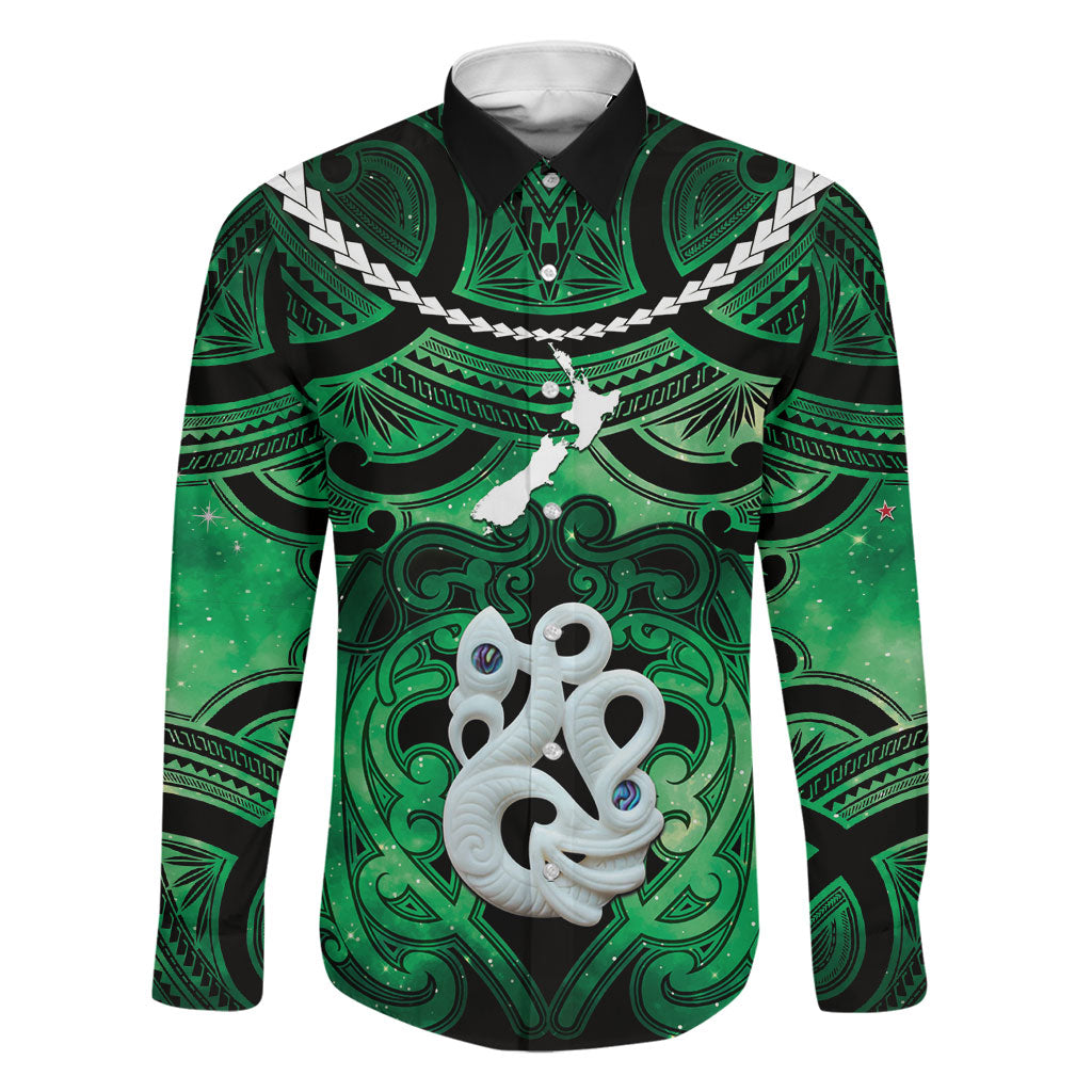 Personalised Maori Matariki Manaia Kakariki Family Matching Off The Shoulder Long Sleeve Dress and Hawaiian Shirt Maori Kowhaiwhai Pattern Galaxy LT01 Dad's Shirt - Long Sleeve Green - Polynesian Pride
