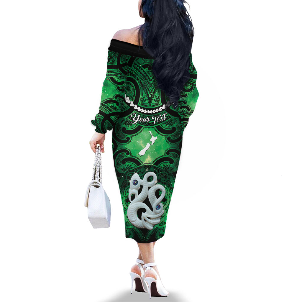 Personalised Maori Matariki Manaia Kakariki Family Matching Off The Shoulder Long Sleeve Dress and Hawaiian Shirt Maori Kowhaiwhai Pattern Galaxy LT01 - Polynesian Pride
