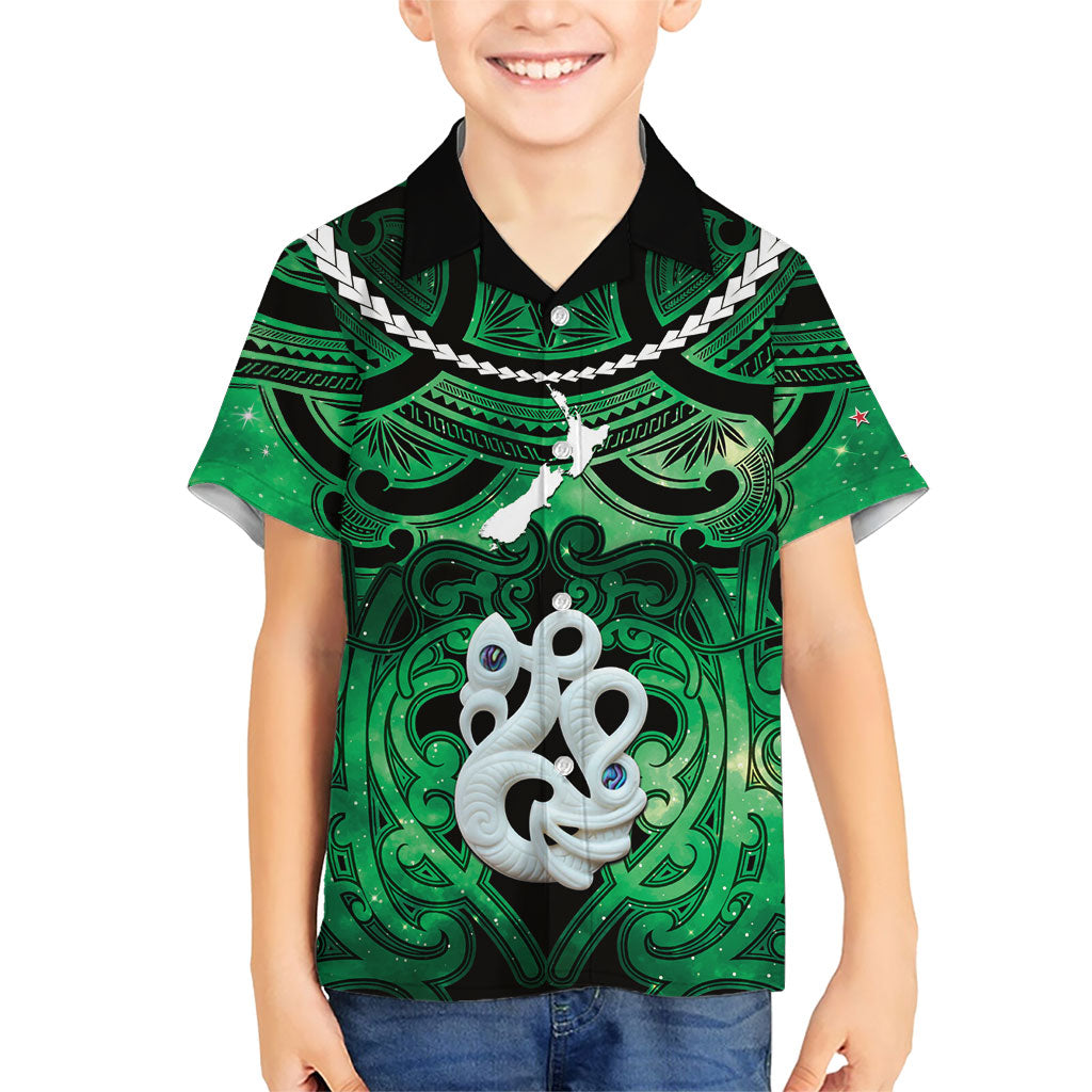 Personalised Maori Matariki Manaia Kakariki Family Matching Off The Shoulder Long Sleeve Dress and Hawaiian Shirt Maori Kowhaiwhai Pattern Galaxy LT01 Son's Shirt Green - Polynesian Pride