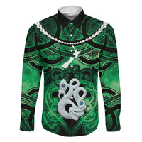 Personalised Maori Matariki Manaia Kakariki Family Matching Puletasi and Hawaiian Shirt Maori Kowhaiwhai Pattern Galaxy LT01 Dad's Shirt - Long Sleeve Green - Polynesian Pride