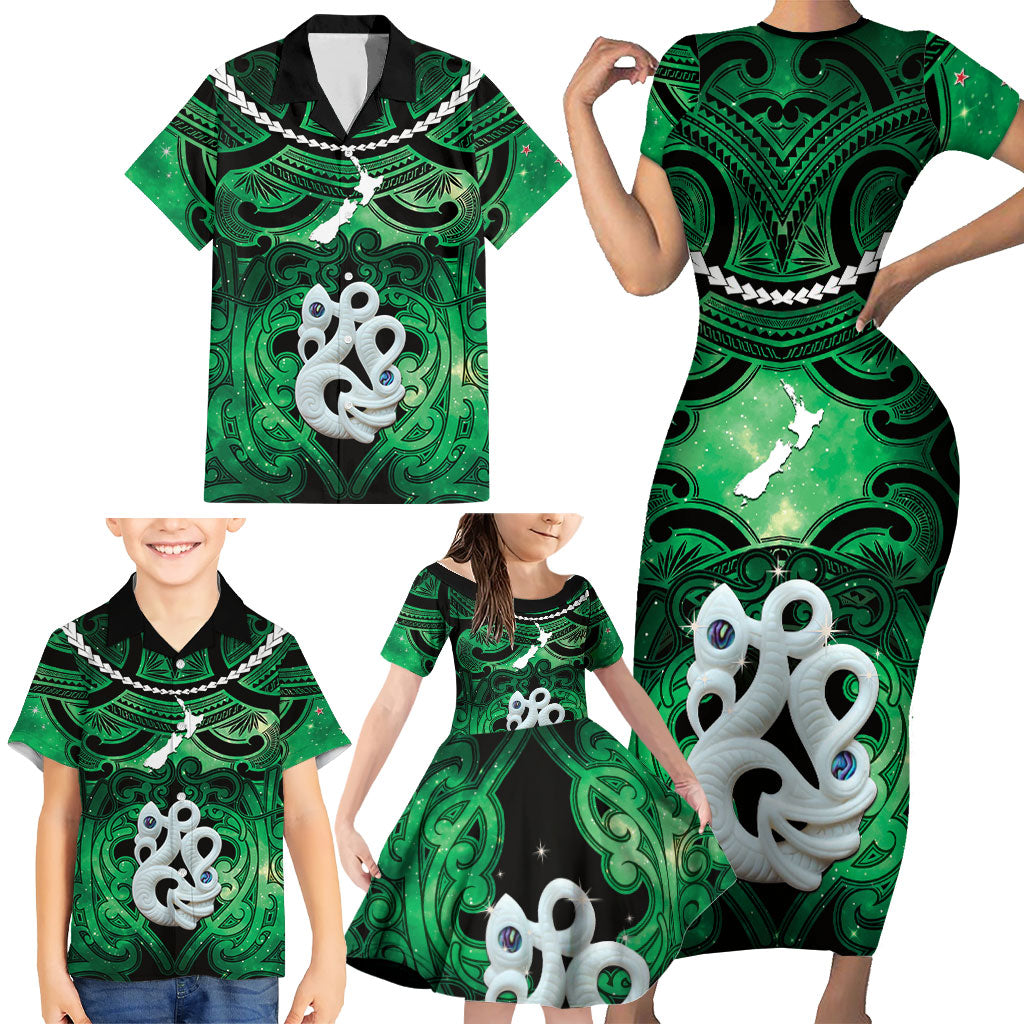 Personalised Maori Matariki Manaia Kakariki Family Matching Short Sleeve Bodycon Dress and Hawaiian Shirt Maori Kowhaiwhai Pattern Galaxy