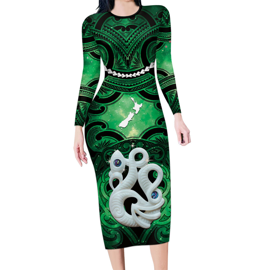 Personalised Maori Matariki Manaia Kakariki Long Sleeve Bodycon Dress Maori Kowhaiwhai Pattern Galaxy LT01 Long Dress Green - Polynesian Pride