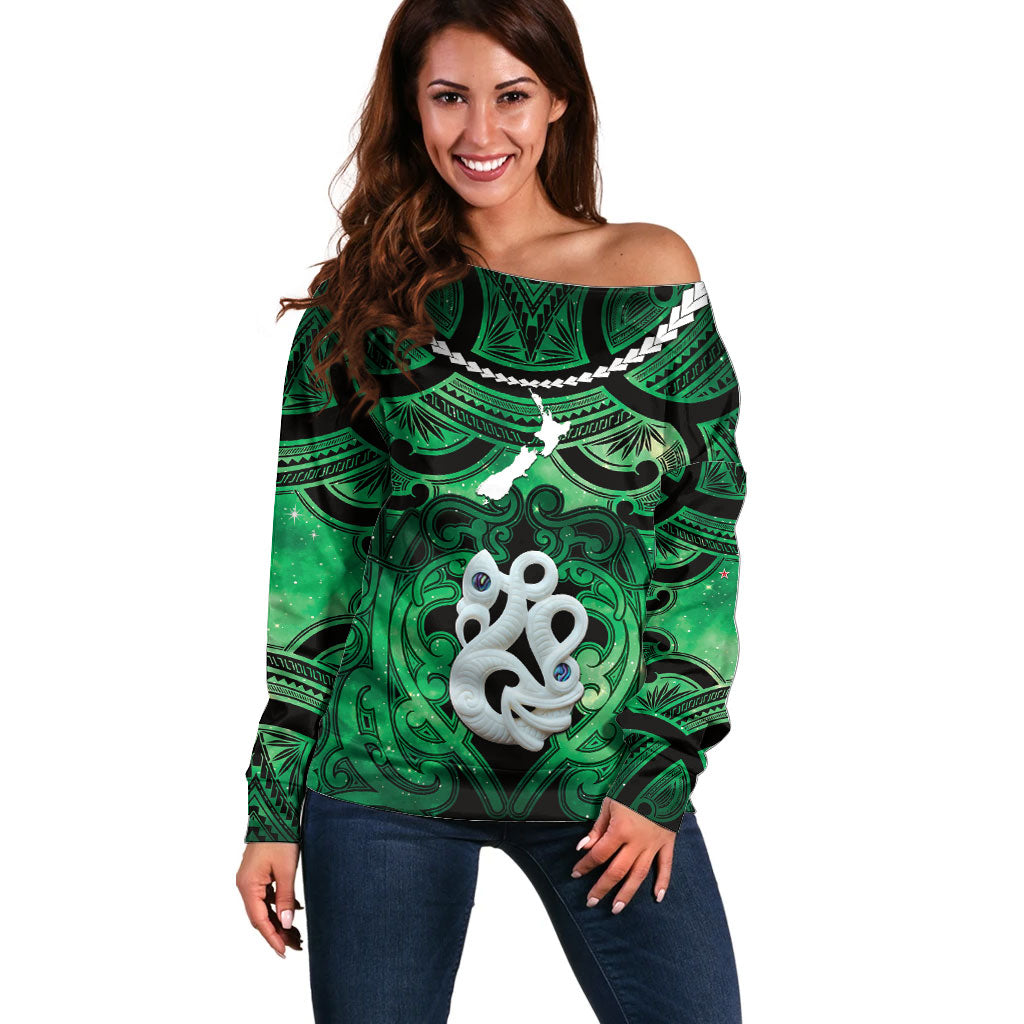 Personalised Maori Matariki Manaia Kakariki Off Shoulder Sweater Maori Kowhaiwhai Pattern Galaxy