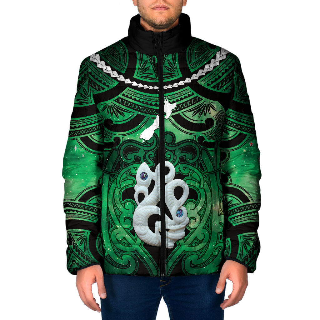 Personalised Maori Matariki Manaia Kakariki Padded Jacket Maori Kowhaiwhai Pattern Galaxy LT01 Men Green - Polynesian Pride