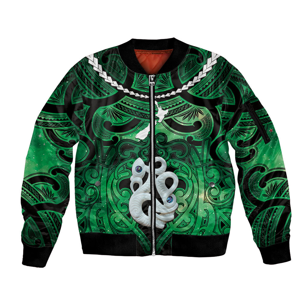 Personalised Maori Matariki Manaia Kakariki Sleeve Zip Bomber Jacket Maori Kowhaiwhai Pattern Galaxy
