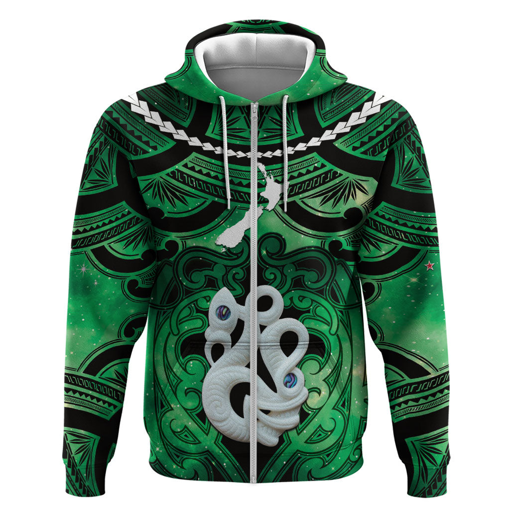 Personalised Maori Matariki Manaia Kakariki Zip Hoodie Maori Kowhaiwhai Pattern Galaxy