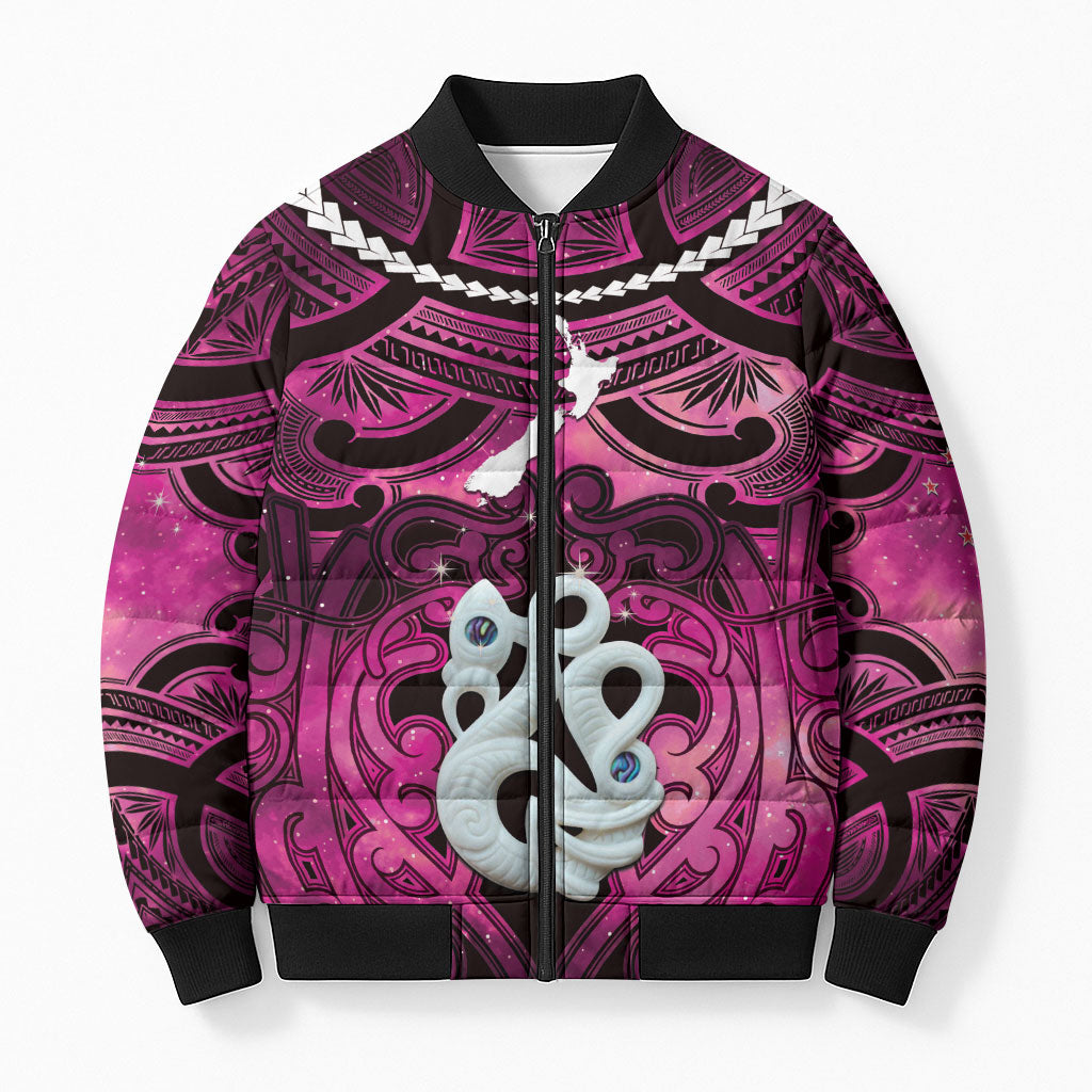 Personalised Maori Matariki Manaia Mawhero Bomber Puffer Jacket Maori Kowhaiwhai Pattern Galaxy LT01 Unisex Pink - Polynesian Pride