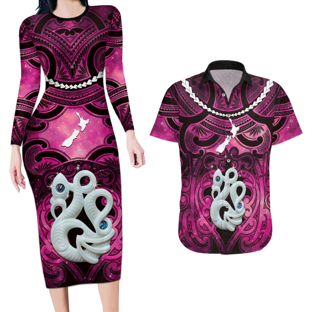 Personalised Maori Matariki Manaia Mawhero Couples Matching Long Sleeve Bodycon Dress and Hawaiian Shirt Maori Kowhaiwhai Pattern Galaxy