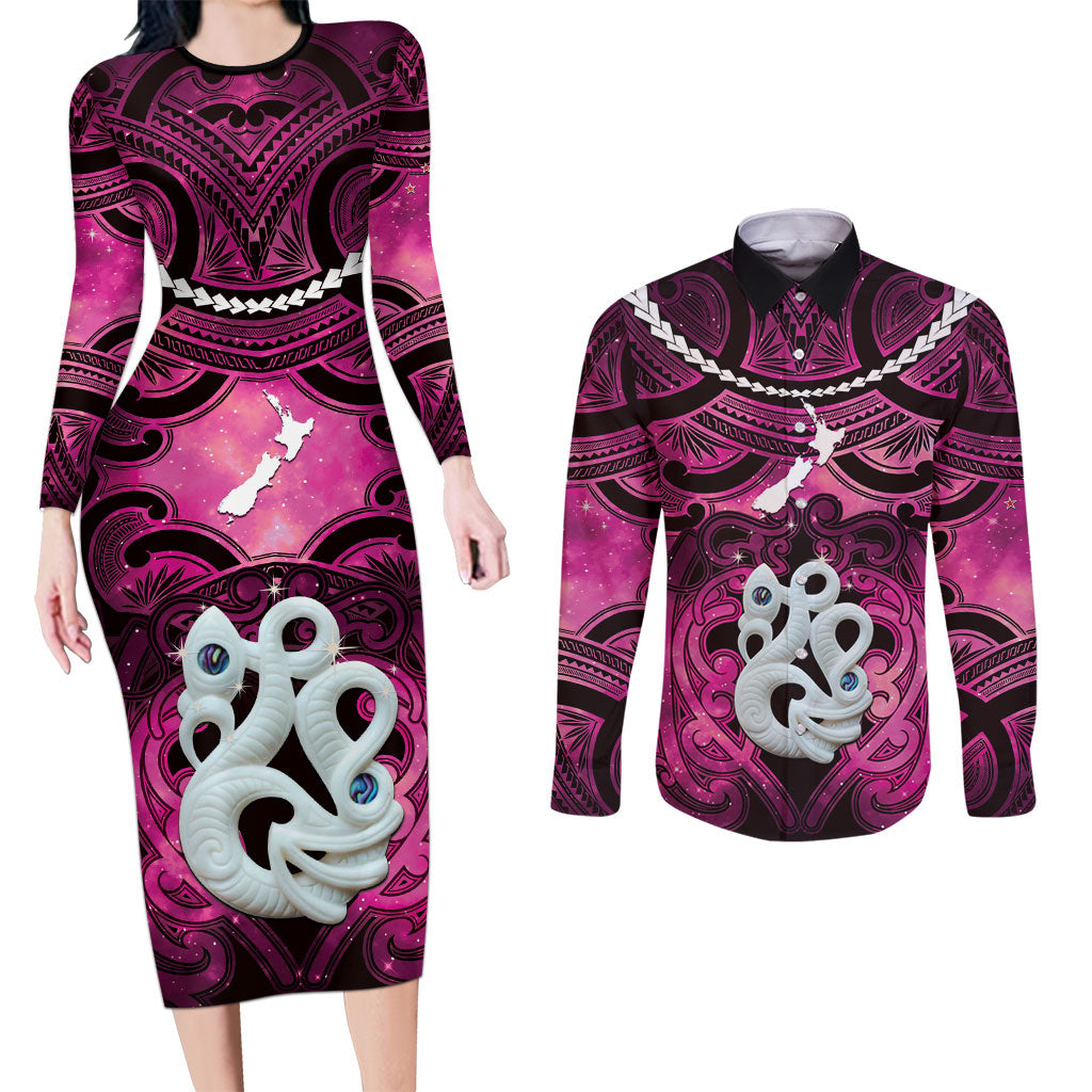 Personalised Maori Matariki Manaia Mawhero Couples Matching Long Sleeve Bodycon Dress and Long Sleeve Button Shirt Maori Kowhaiwhai Pattern Galaxy