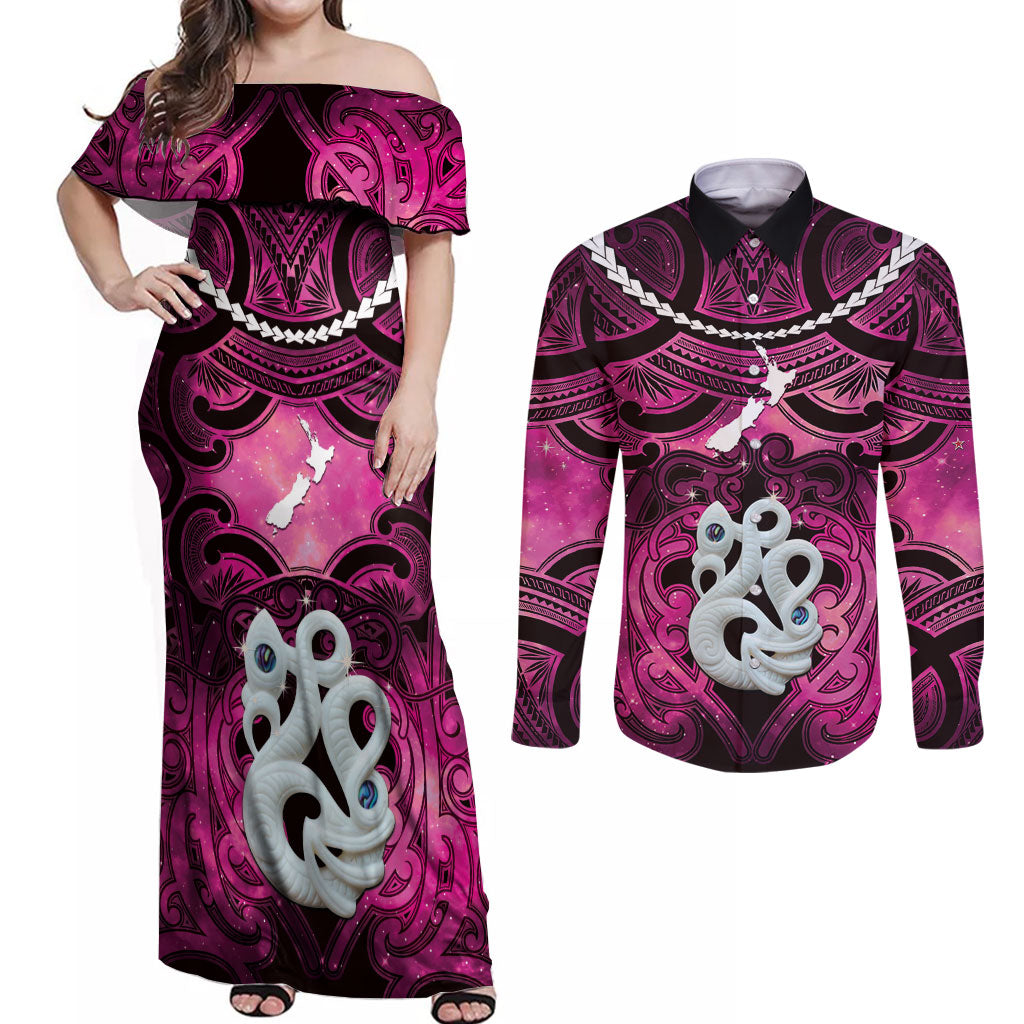 Personalised Maori Matariki Manaia Mawhero Couples Matching Off Shoulder Maxi Dress and Long Sleeve Button Shirt Maori Kowhaiwhai Pattern Galaxy