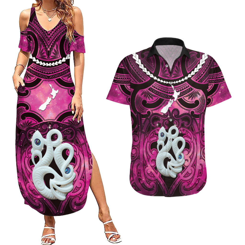 Personalised Maori Matariki Manaia Mawhero Couples Matching Summer Maxi Dress and Hawaiian Shirt Maori Kowhaiwhai Pattern Galaxy