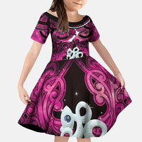Personalised Maori Matariki Manaia Mawhero Family Matching Off The Shoulder Long Sleeve Dress and Hawaiian Shirt Maori Kowhaiwhai Pattern Galaxy LT01 Daughter's Dress Pink - Polynesian Pride