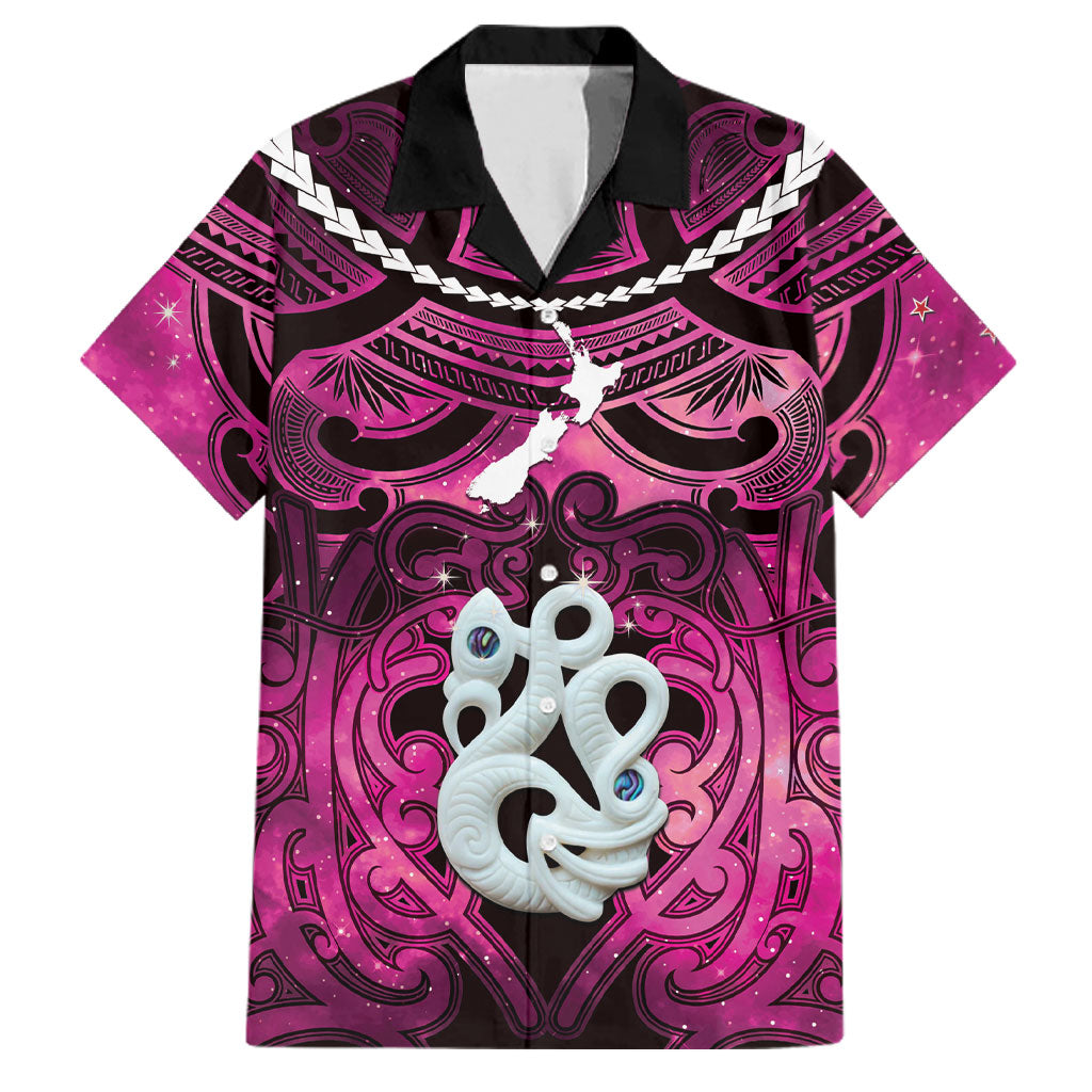 Personalised Maori Matariki Manaia Mawhero Family Matching Off Shoulder Short Dress and Hawaiian Shirt Maori Kowhaiwhai Pattern Galaxy LT01 Dad's Shirt - Short Sleeve Pink - Polynesian Pride