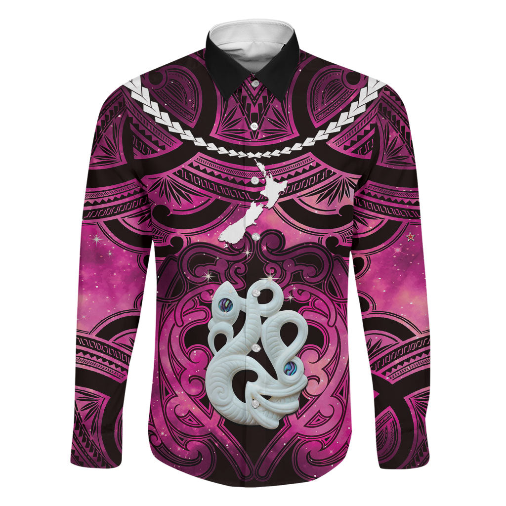 Personalised Maori Matariki Manaia Mawhero Family Matching Puletasi and Hawaiian Shirt Maori Kowhaiwhai Pattern Galaxy LT01 Dad's Shirt - Long Sleeve Pink - Polynesian Pride
